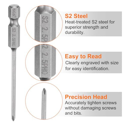 HARFINGTON 5pcs #0 Phillips Screwdriver Bit PH0 1/4" Hex Shank 3" (75mm) Long Magnetic S2 Steel Industrial Grade Screw Driver Bit Cross Head Electric Drill Bits 0.098" (2.5mm) Rod - size: PH0 x 75mm x 2.5mm