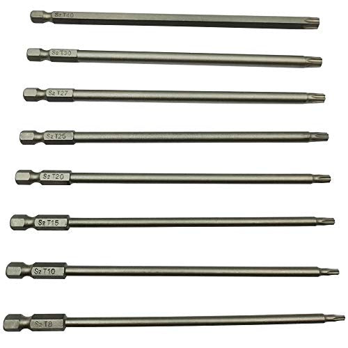 YDLQWCZ Long Torx Security Screwdriver Bit Sets 6 Inch Length T8 T10 T15 T20 T25 T27 T30 T40 S2 Steel Torx Security Head Drill Screw Driver Drill Set (8Pcs 150mm)