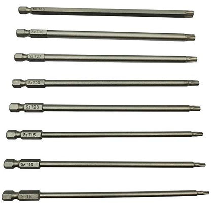YDLQWCZ Long Torx Security Screwdriver Bit Sets 6 Inch Length T8 T10 T15 T20 T25 T27 T30 T40 S2 Steel Torx Security Head Drill Screw Driver Drill Set (8Pcs 150mm)