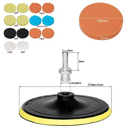 HIFROM 7"/180mm Polishing Buffing Pad Auto Car Drill Polisher Buffer Sponge Pads Set M14 Drill Adapter with Shank, Car Foam Drill Polishing Pad Kit (Set of 16) - size: 7-Inch