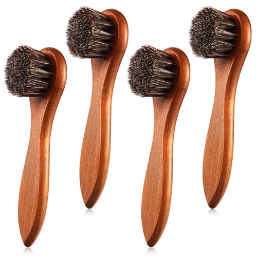 4 Pcs Horsehair Shine Shoes Brush Kit Polish Dauber Applicators Cleaning Leather Shoes Boots Care Brushes Suede Cleaner Brush with Microfiber Shoe Cloth(Brown Handle B) - style: Brown Handle B