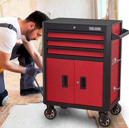 Rolling Tool Chest with Locking Wheels - Tool Box with 3 Drawers & 1 Big Tool Cabinet with 2 Door, 18.5" D x 28" W x 40" H Mobile Tool Storage Cabinet, Heavy-Duty Garage Organizer w/Ergonomic Handle - color: Red and Black