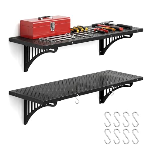 2 Pack 3.8 FT x 1.4 FT Heavy Duty Garage Wall Shelving, 530+ lbs Load Capacity per Shelf Wall Mounted Storage Shelf, Metal Garage Shelving with Hooks, Black (2 Pack)