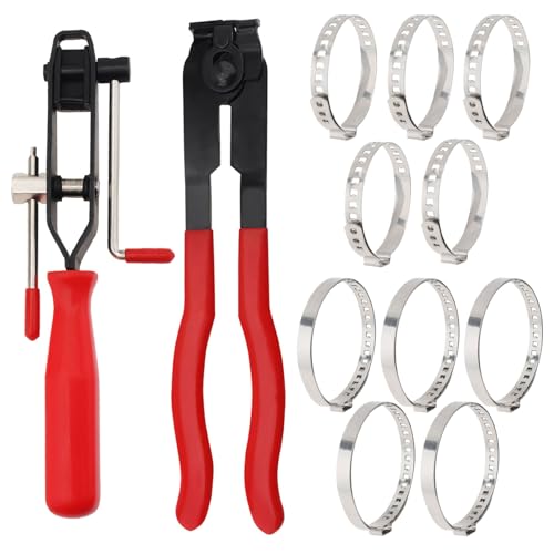 Heavy Duty Antiskid CV Joint Boot Clamp Pliers With Boot Clamps Kit, Banding Tools, Ear Boot Tie Pliers, 10 Crimp Bands, Automotive Hose Axle Plier for Most Cars (Red) - color: Red