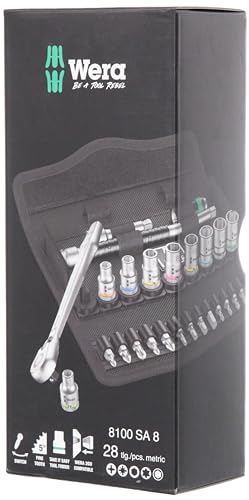 WERA 05004018001 8100 SA 8 Zyklop Metric Metal Ratchet Set with Switch Lever, 28 Piece, 1/4" Drive