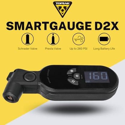 Topeak SmartGauge D2X Digital Tire Pressure Gauge - Accurate and Easy-to-Use Bike Pressure Gauge with Digital Display - Measures PSI for Presta and Schrader Valves | Measures 5-260 PSI . Smarthead Fits Presta and Schrader. 360 Degree Backlit Rotating Disp