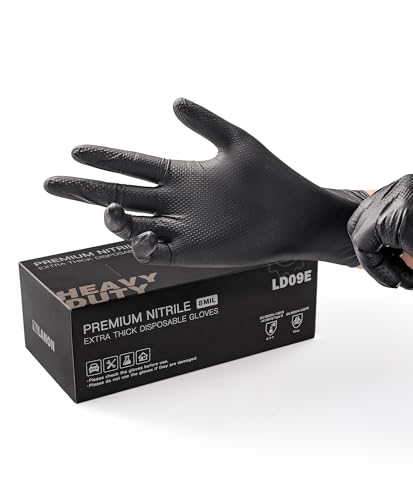 LANON Black Nitrile Disposable Gloves, EN ISO 374 Chemical Resistant, Heavy-Duty, Mechanic, Textured Fingertips, Latex-Free - size: Small(8 mil)