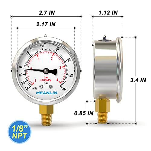 MEANLIN MEASURE -30inHG~60Psi Stainless Steel 1/8" NPT 2.5" FACE DIAL Vacuum Pressure Gauge, Lower Mount, with 1/4" NPT and 3/8" NPT Hex Bushing - size: -30inHG-60Psi