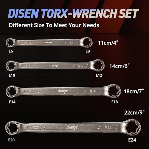 DISEN 2025 Upgraded 4-Piece E-Torx Wrench Set, Double Box End Wrench Set, CR-V Steel, Including E6*E8, E10*E12, E14*E18 and E20*E24 - style: 4 PCS