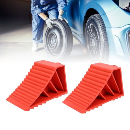 Pongnas Duty Rubber Wheel Chocks 2 Pack Industrial Grade Impact Absorbing Tire Stop Blocks for Trucks Trailers RVs Ribbed Slip Design Red 8 26 x 3 93 x 3 38 in