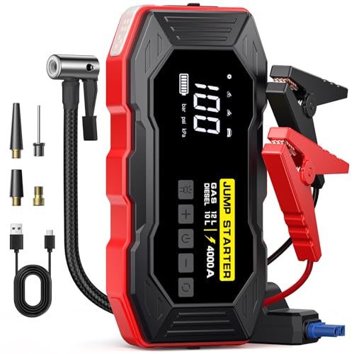 Jump Starter with Air Compressor 4000A Portable Car Battery Jump Starter (All Gas/10L Diesel), 160PSI Auto-Shutoff Tire Inflator Air Compressor, SuperSafe 12V Jump Box Car Battery Jumper Booster