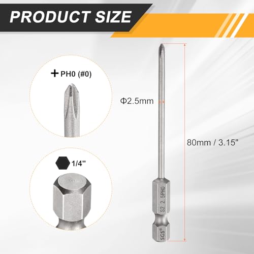 HARFINGTON 4pcs #0 Phillips Screwdriver Bit PH0 1/4" Hex Shank 3.15" (80mm) Long 0.1" Rod Magnetic Cross Head Drill Bits S2 Steel Industrial Screw Driver for Electric Power Tools, Gray - size: PH0 x 3.15" x 0.1"