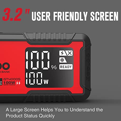 GOOLOO GT4000S Jump Starter 4000 Amp Car Starter 100W Two-Way Fast-Charging Portable Car Battery Charger Booster Pack for 10L Diesel and All Gas Engines, SuperSafe Lithium Jump Box for 12V Vehicles - color: Red