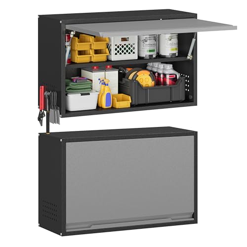 Metal Garage Wall Cabinet with Up-Flip Door, Float Tool Cabenit with Adjustable Shelf,Steel Wall-Mounted Storage Cabinet with Pegboard for Kitchen,Garage,Workshop,Warehouse(19.7"H,Black&Gray) - color: Black&gray, size: 19.7"H Wall Cabinet(1-Door)