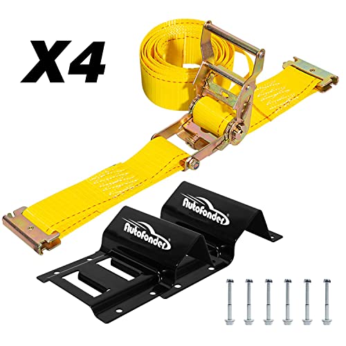 Vehicle Wheel Chock Tie Down kit 4500lb Break Strength-4 Pack 2" x9' E Track Straps-Ultimate Heavy Duty Trailer Tire Strap System for ATV,UTV,Lawn Mower | E-track ratchet straps, 8 steel chocks, bolt-on mount, ATV UTV lawn mower trailer compatible, tire s