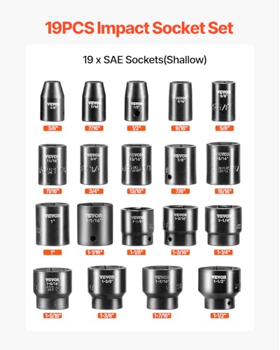 VEVOR Impact Drive Socket Set 1/2 Inches 19 Piece Impact Sockets SAE, Standard Socket Assortment, (3/8 Inches to 1-1/2 Inches) 6-point Hex Sockets - style: 1/2" 19PCS