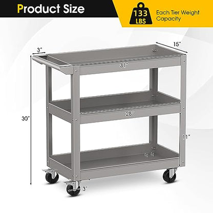 IRONMAX 3-Tier Utility Service Cart, 400 Lbs Heavy Duty Metal Trolley Rolling Cart w/Ergonomic Flat Handle, Lockable 360°Swivel Wheels, Chic Mechanic Tool Cart for Garage Warehouse & Repair Shop - color: Gray