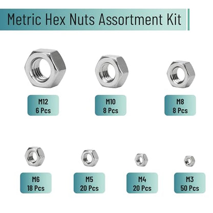 Bates- Metric Hex Nuts Assortment Kit, 7 Sizes, 130 pcs, Stainless Steel, M3 M4 M5 M6 M8 M10 M12, Hardware Nuts