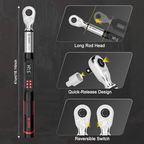 VANPO 1/2 Drive Digital Angle Torque Wrench 7.4-147.5 Ft.lb, ±2% Accuracy | 10-200 Nm Electronic Torque Wrench, Buzzer LED Vibration Alarm, Perfect Tools for Tire Lug Nuts & Car Engine Repair - size: 7.4-147.5 ft.lb/10-200 N.m (1/2-Inch)