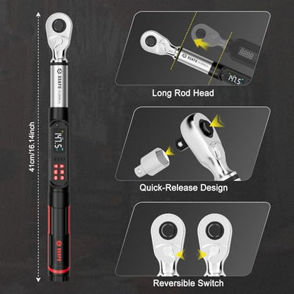VANPO 1/2 Drive Digital Angle Torque Wrench 7.4-147.5 Ft.lb, ±2% Accuracy | 10-200 Nm Electronic Torque Wrench, Buzzer LED Vibration Alarm, Perfect Tools for Tire Lug Nuts & Car Engine Repair - size: 7.4-147.5 ft.lb/10-200 N.m (1/2-Inch)