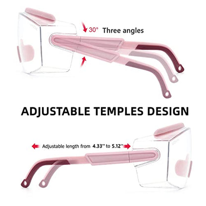 UKNOW Safety Goggles Over Glasses, Anti Fog Safety Glasses with Clear Wraparound Lens, ANSI Z87.1 Protective Eyewear - color: Pink