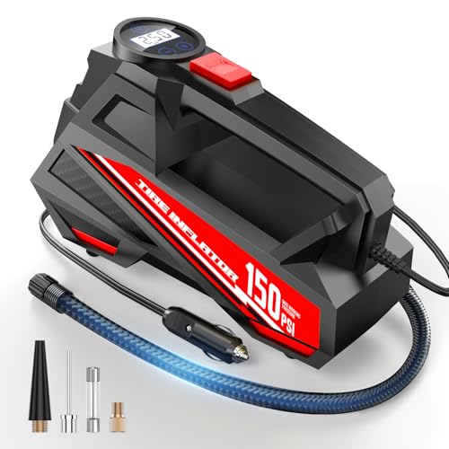 FLYKID Tire Inflator Portable Air Compressor- 12V DC Air Pump for Car Tires with 150PSI LCD Digital Gauge & Emergency LED Light,Auto Tire Pump for Cars,Motorcycles,Bikes,Balls - color: Red