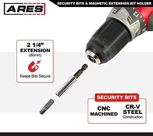 ARES 70009-33-Piece Security Bit Set with Magnetic Extension Bit Holder - Includes Tamper Resistant, SAE Hex, Metric Hex and Star Bits – Anti Tamper Bit Set Features Torq, Spanner, and Triwing Bits - size: 33-Piece Security Bit Set