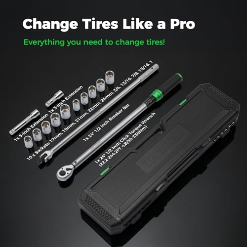 TecoTek 14PCS 1/2 Inch Drive Torque Wrench Tool Set, Tire Change Kit, 22.2-244.2FT.-LB/30-330Nm, With 24" Breaker Bar, 3-Inch & 5-Inch Extension, 10 Sockets for American Cars, Trucks and SUVs