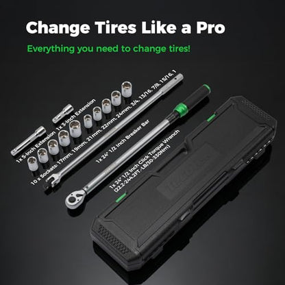 TecoTek 14PCS 1/2 Inch Drive Torque Wrench Tool Set, Tire Change Kit, 22.2-244.2FT.-LB/30-330Nm, With 24" Breaker Bar, 3-Inch & 5-Inch Extension, 10 Sockets for American Cars, Trucks and SUVs
