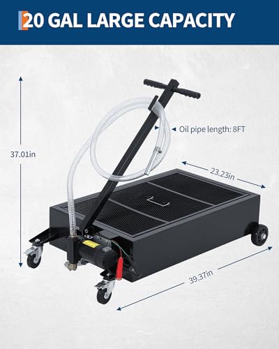 GarveeTech Low Profile Oil Drain Pan 12V | 20 Gal Metal Oil Change Pan Cart with 180W Electric Pump, 8 ft Hose & Folding Handle for Cars, SUVs, Trucks, Buses, RVs - size: 20GAL-12V-Black