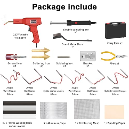 220W Plastic Welder, 1200PCS Staples 40PCS Rods Plastic Welding Kit, 5 in 1 Welding Tips Tape Sandpaper Wire Mesh Stand Metal Brush Screwdriver Plastic Welder Kit Bumper Repair Kit (Red) - color: Red