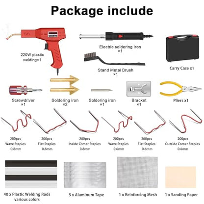 220W Plastic Welder, 1200PCS Staples 40PCS Rods Plastic Welding Kit, 5 in 1 Welding Tips Tape Sandpaper Wire Mesh Stand Metal Brush Screwdriver Plastic Welder Kit Bumper Repair Kit (Red) - color: Red