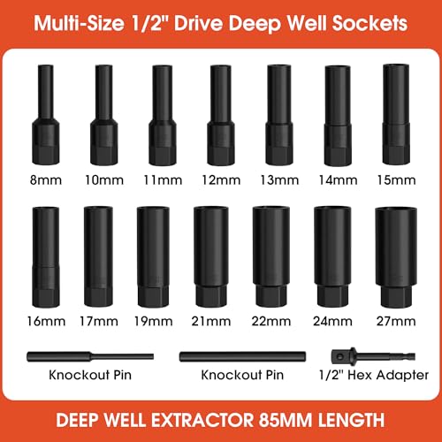 17PCS 1/2" Drive Deep Bolt Extractor Set (85mm Length), Cr-Mo Steel Spiral Socket Set for Removing Damaged, Frozen, Rusted, Stripped & Rounded-Off Bolts, Nuts & Screws