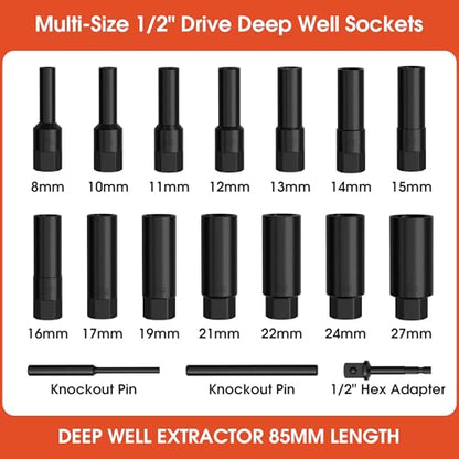 17PCS 1/2" Drive Deep Bolt Extractor Set (85mm Length), Cr-Mo Steel Spiral Socket Set for Removing Damaged, Frozen, Rusted, Stripped & Rounded-Off Bolts, Nuts & Screws