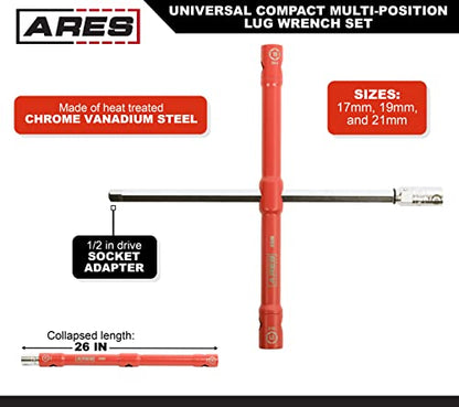 ARES 57000 – 26-Inch Universal Multi-Position Lug Wrench Set - 17mm, 19mm, and 21mm Socket Ends – Unique ½-Inch Drive Socket Adapter End – Compact Design with Storage Pouch - size: Universal Multi-Position Lug Wrench