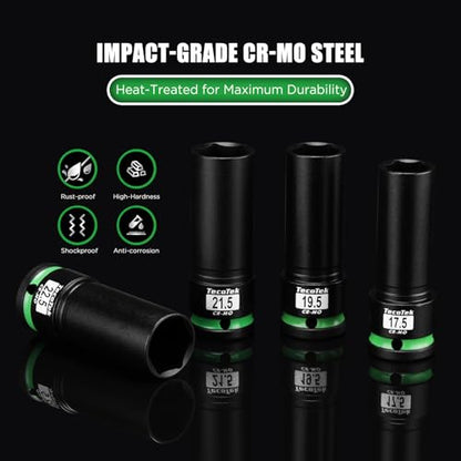 TecoTek 4PCS 1/2" Drive 1/2 Size Thin Wall Lug Nut Socket Set, Half Size Wheel Socket, 17.5mm, 19.5mm, 21.5mm, and 22.5mm, CR-MO, for Damaged, Swollen and Stuck Lug Nuts