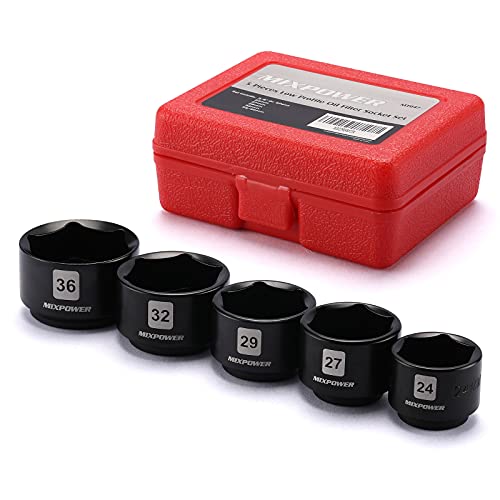 MIXPOWER 5 Pieces 3/8 inch Drive Low Profile Fuel Filter Socket Set, Low Profile Design for Easy Access, Chrome Vanadium Steel for Resist Rust and Corrosion, Low Profile Design for Easy Access - size: 5-Piece