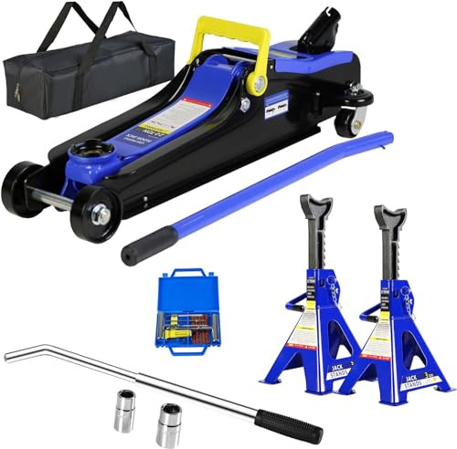 5 Piece Car Truck Floor Jack Service, Floor Jack & Jack Stands & Tire Repair Kit & L-Wrench for Garage Automotive Repair Shop DIY, Lift Range 3.3"-15.2", Trolley Jacks 2 Ton/4000 LBS Capacity - color: Blue Floor Jack+2 Jack Stands+Repair Kit+Wrench