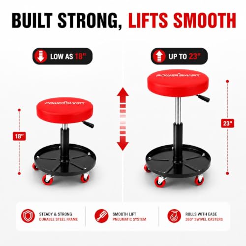 PowerSmart Rolling Mechanic Stool with Wheels, Pneumatic Adjustable Garage Shop Seat with Tool Tray, 330 lb Capacity Hydraulic Swivel Creeper Stool for Automotive Repair, Car Detailing & Workshop