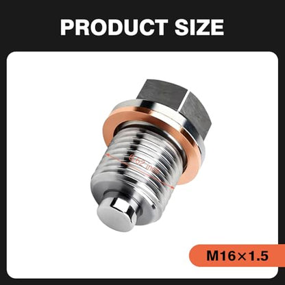 M16 x 1.5 Magnetic Oil Drain Plug, Magnetic Stainless Steel Oil Pan Drain Nut Bolt with 5 PCS Copper Crush Washer Anti Leakage, Universal Leak-proof Replacement,Fits Most Cars, Motorcycles, Boats - size: M16×1.5