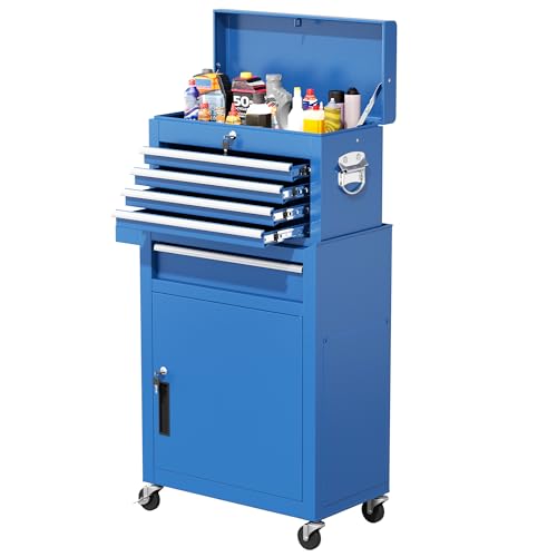 Greenvelly Tool Chest, 5-Drawer Rolling Tool Chest with Hooks and Lockable Wheels, Detachable Top Tool Box, Toolbox with Wheels, Rolling Tool Box for Mechanics Garage Workshop and Tool Room (Blue) - color: Blue, size: 5 Drawers