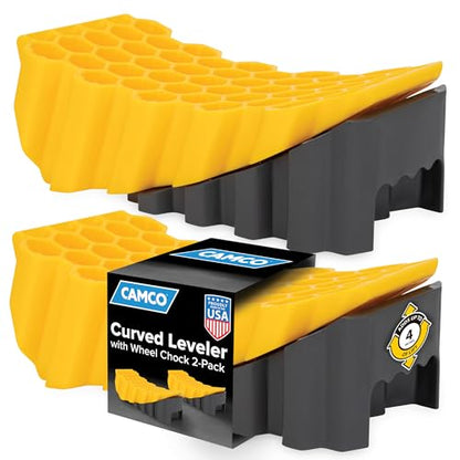 Camco Curved Camper/RV Leveler & Wheel Chock - Features Heavy Duty Honeycomb Design & Includes Non-Slip Rubber Grippers on Wheel Chock - Compatible w/Trailers Up to 30,000 lbs - 2-Pk (21021) - size: Pack of 2