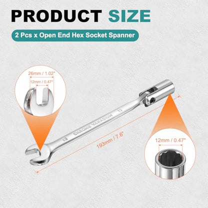 HARFINGTON 2 Pcs 12mm Swivel Head Socket Combination Spanner Wrench CR-V Steel Rotary Torx Socket Head Open End Wrenches Spanner Mirror Polishing for Auto Car Repairing - size: 12mm
