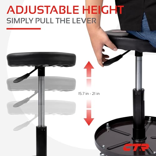 CTR Rolling Mechanic Shop Stool with Magnetic Tray, Heavy Duty Garage Stool