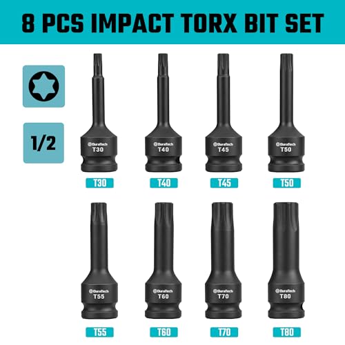 DURATECH 8-Piece 1/2" Drive Impact Torx Bit Set | T30, T40, T45, T50, T55, T60, T70, T80 Torx Bits, Cr-Mo Steel, Organized in Storage Case