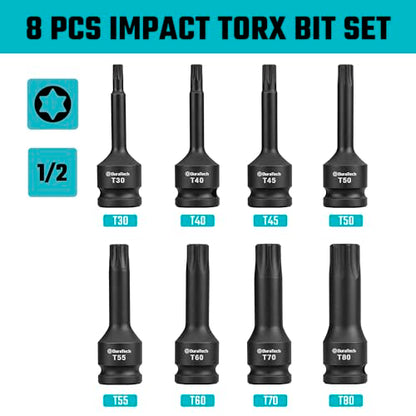 DURATECH 8-Piece 1/2" Drive Impact Torx Bit Set | T30, T40, T45, T50, T55, T60, T70, T80 Torx Bits, Cr-Mo Steel, Organized in Storage Case