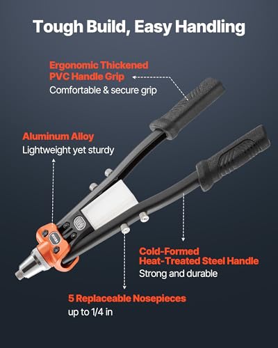 VEVOR Pop Rivet Gun Kit, with 230 Blind Rivets, Two-Handed Riveter with 5 Interchangeable Nosepieces, 5 Drill Bits, and a Carrying Case, Manual Riveting Tool for Metal, Automotive, Home, and DIY - size: 16", style: RIVET GUN