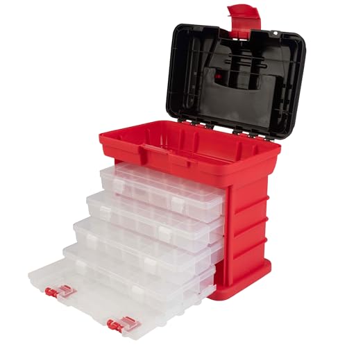 Portable Tool Box - Small Parts Organizer with Drawers and Customizable Compartments for Hardware, Fishing Tackle, Beads, or Crafts by Stalwart (Red) - color: Red and Black