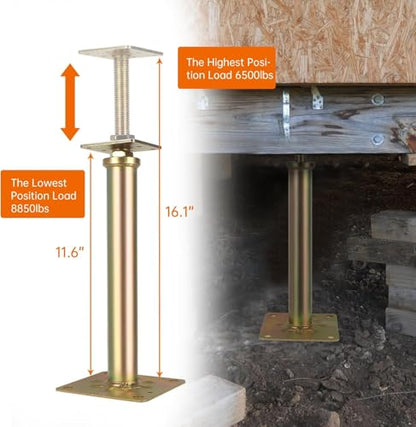 6 Pcs Adjustable Foundation House Floor Jacks Post for Leveling, 11" - 16" Height Range, Screw Jacks for Temporary Or Permanent Support, Heaty Duty Metal Galvanized, Load 6500-8850lbs(Each) (6 Jacks)
