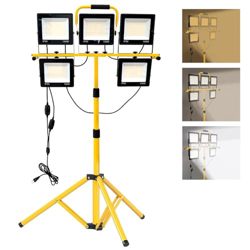 50000LM LED Work Light with Stand, 5-Head Tripod Work Light with 3000K-6500K Dimmable, 3 Modes Portable Light for Construction Site, Garage, Workshop, Job Site, Emergency Lighting | IP66 Waterproof | Portable Flood Light - color: 5 Pack